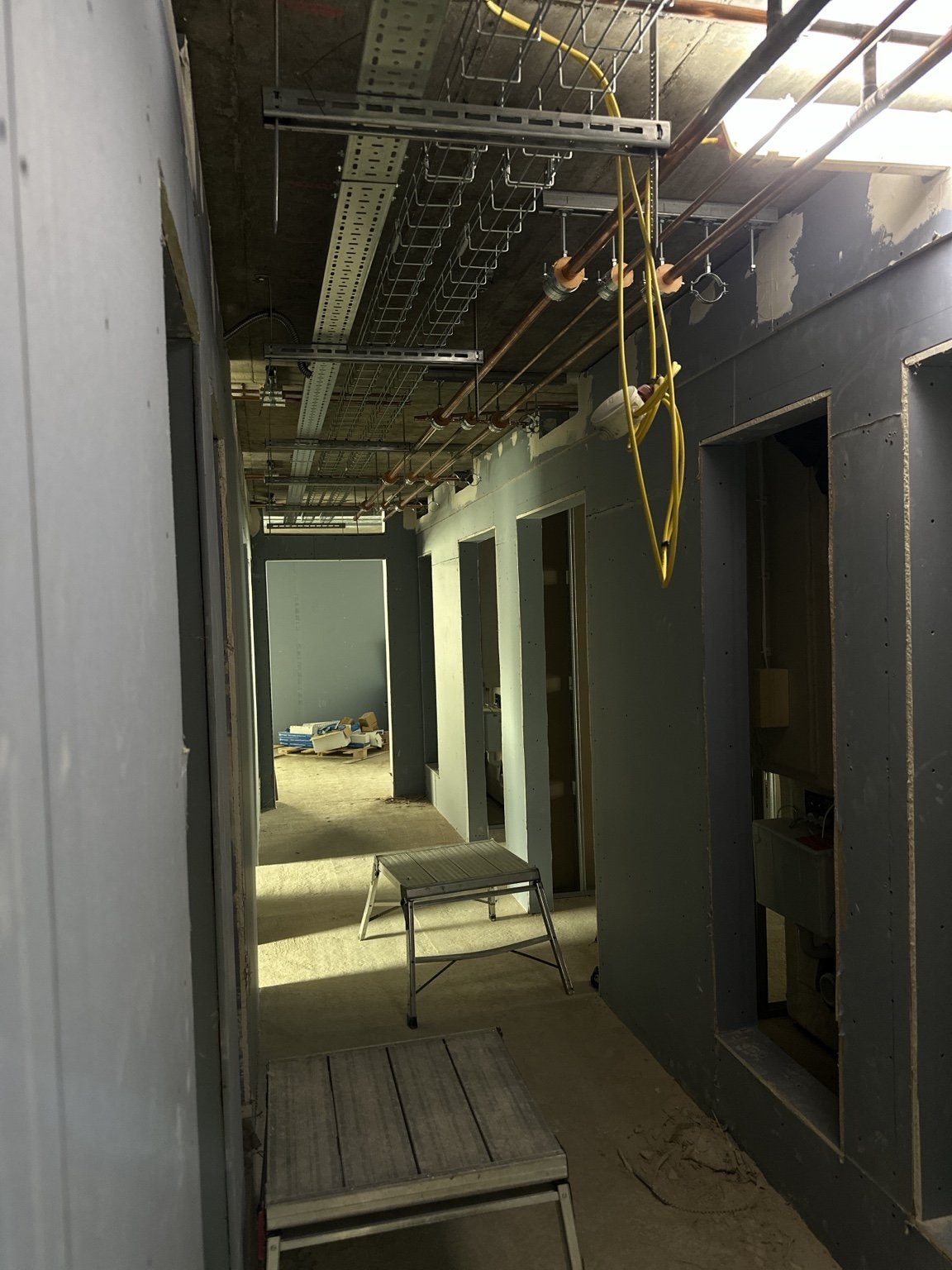 Internal partitions beneath exposed ceiling services
